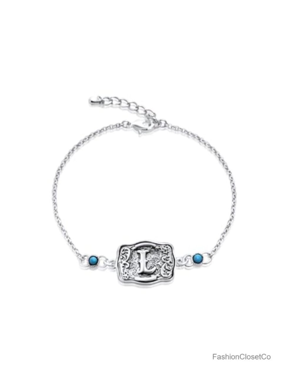 Sterling Silver Plated Western Belt Buckle Initial Bracelet with Genuine